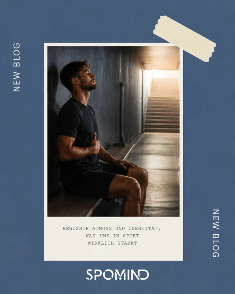 Farbiges SpoMind-Blogcover mit einem ruhig atmenden Athleten in einer Sporthalle