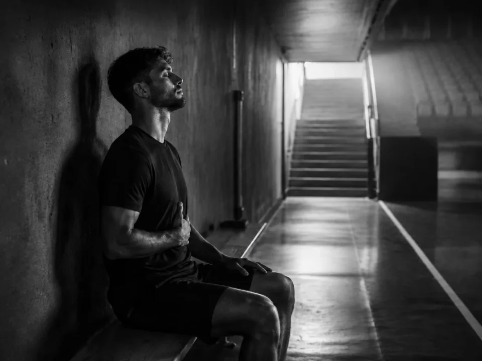 Athlet sitzt ruhig in einer Sporthalle und konzentriert sich auf seine Atmung